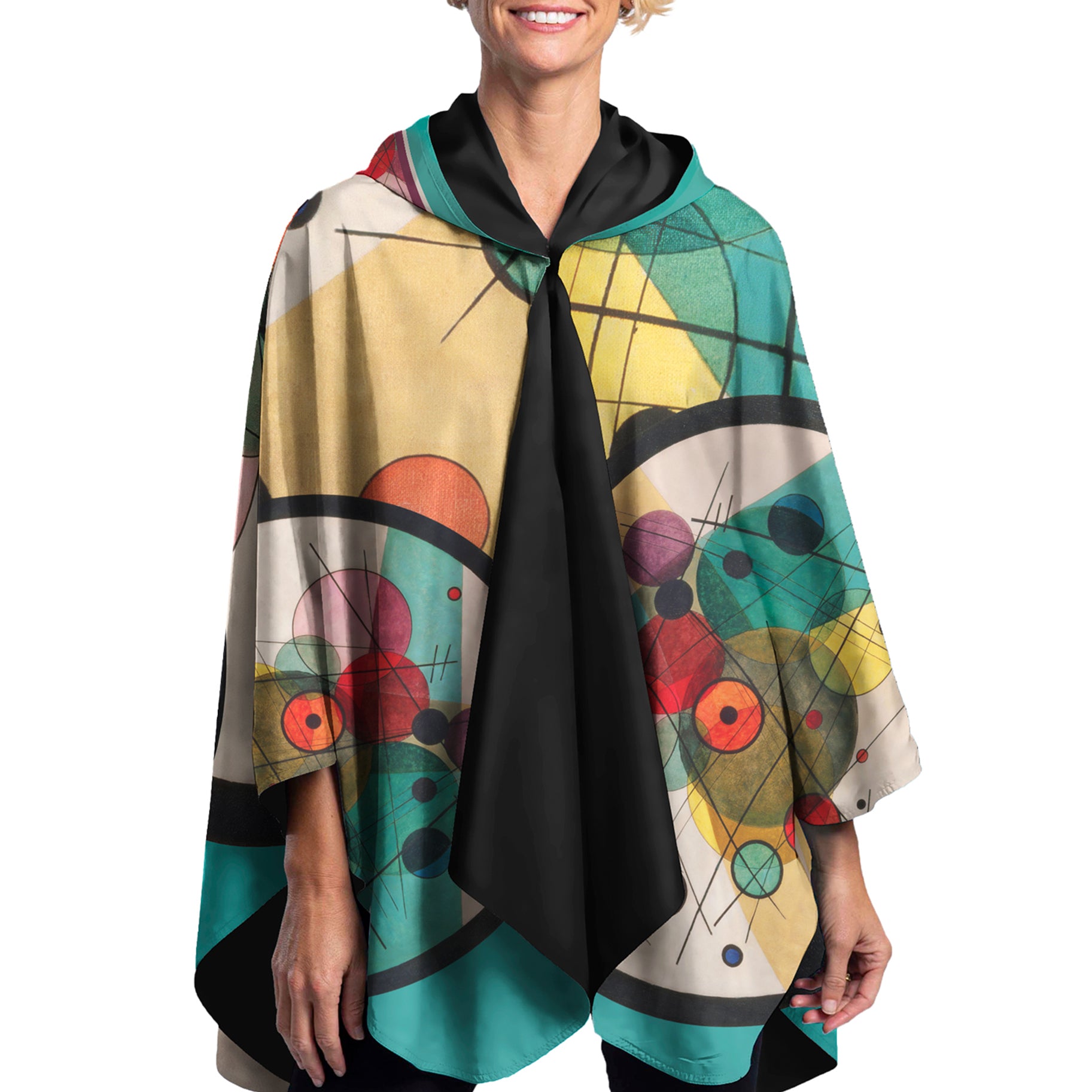 Kandinsky Circles in a Circle Reversible Rain Cape Poncho – Lightweight Hooded Wrap for Women