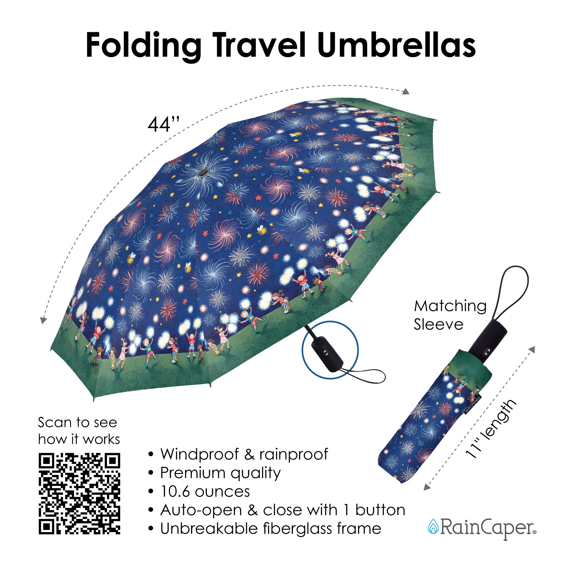 Mary Engelbreit July Sparklers Travel Umbrella – Compact, One-Touch Open & Close