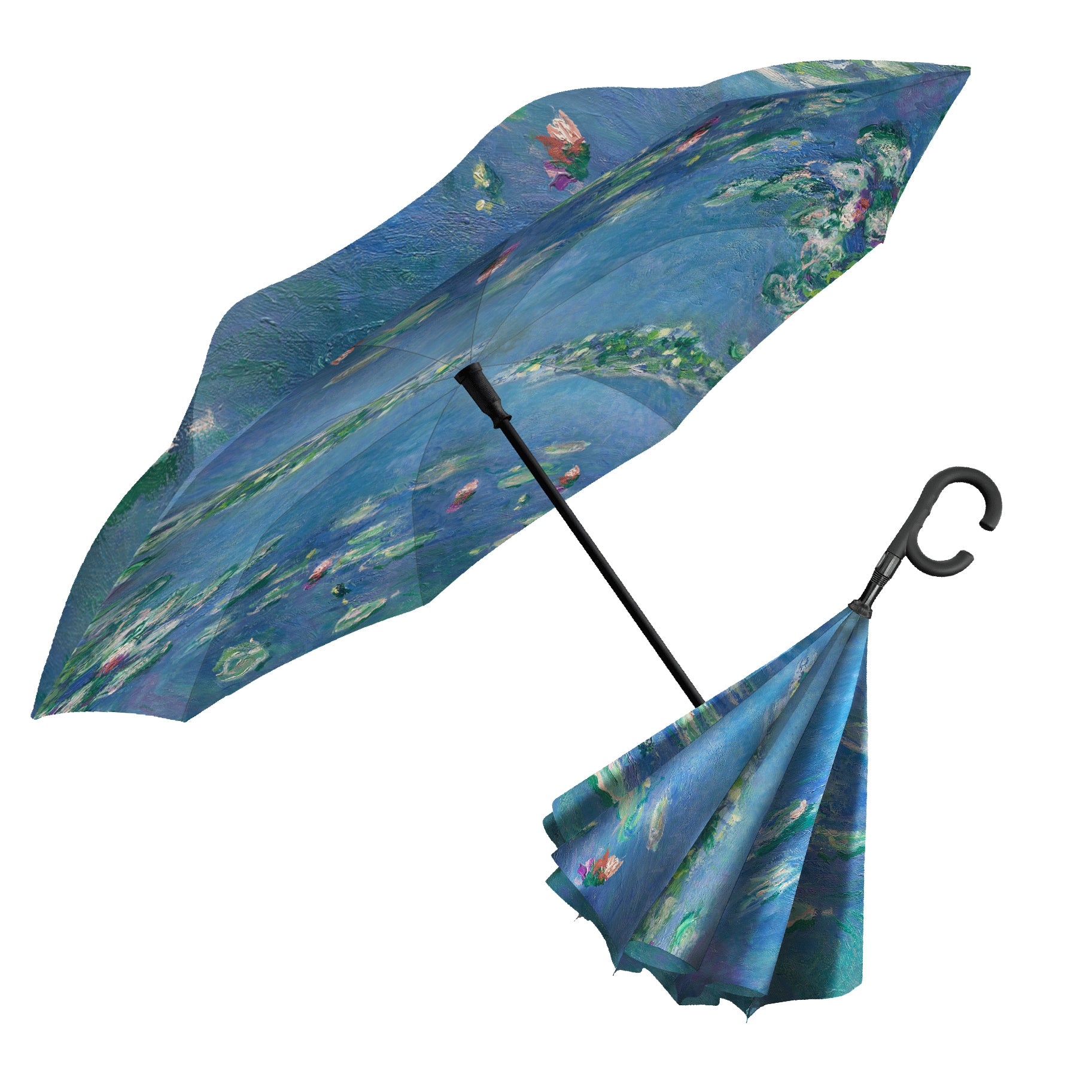 Monet Water Lilies Reverse Inverted Umbrella – Hands-Free, Windproof Design