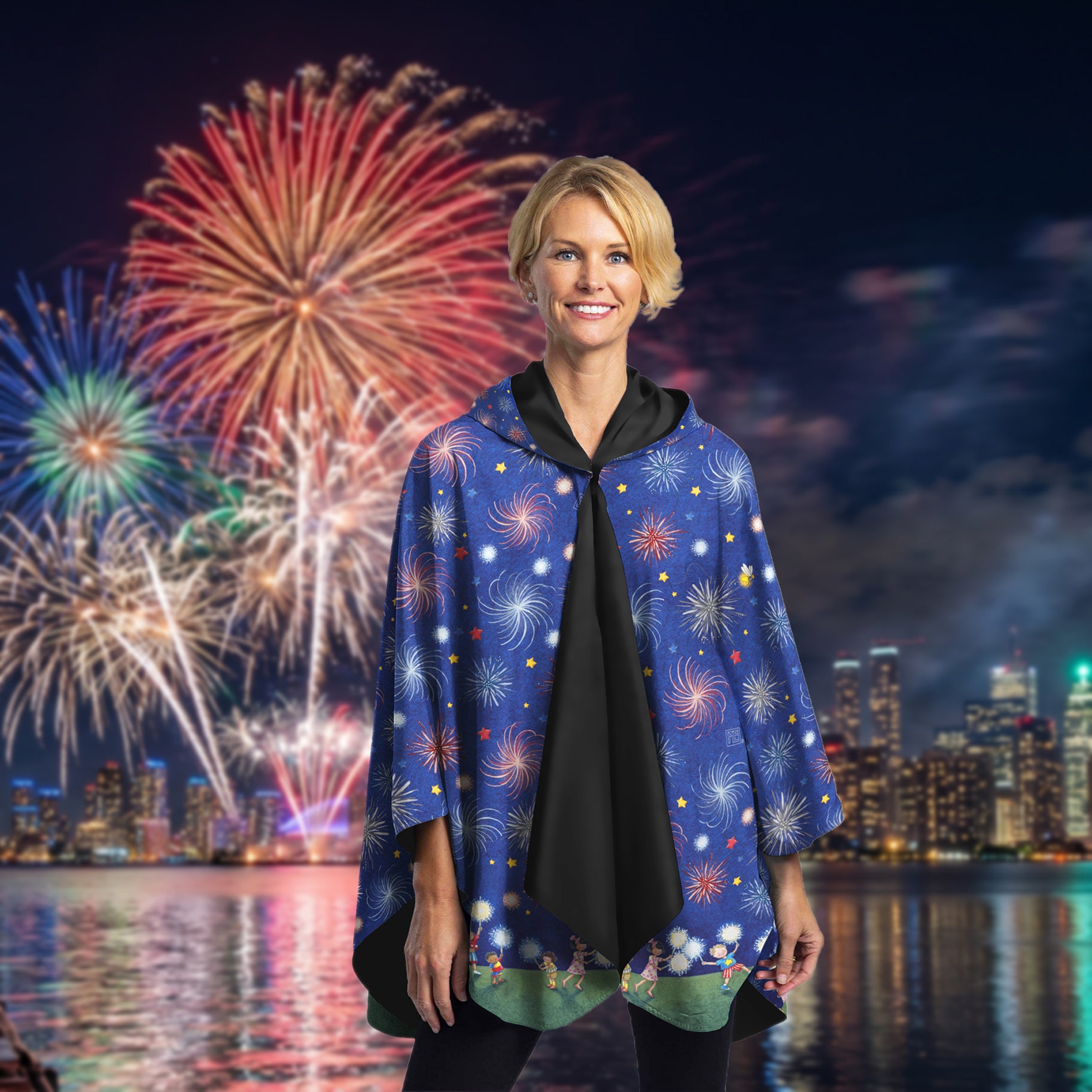 Mary Engelbreit July Sparklers Reversible Rain Cape - Lightweight Hooded Women's Rain Poncho