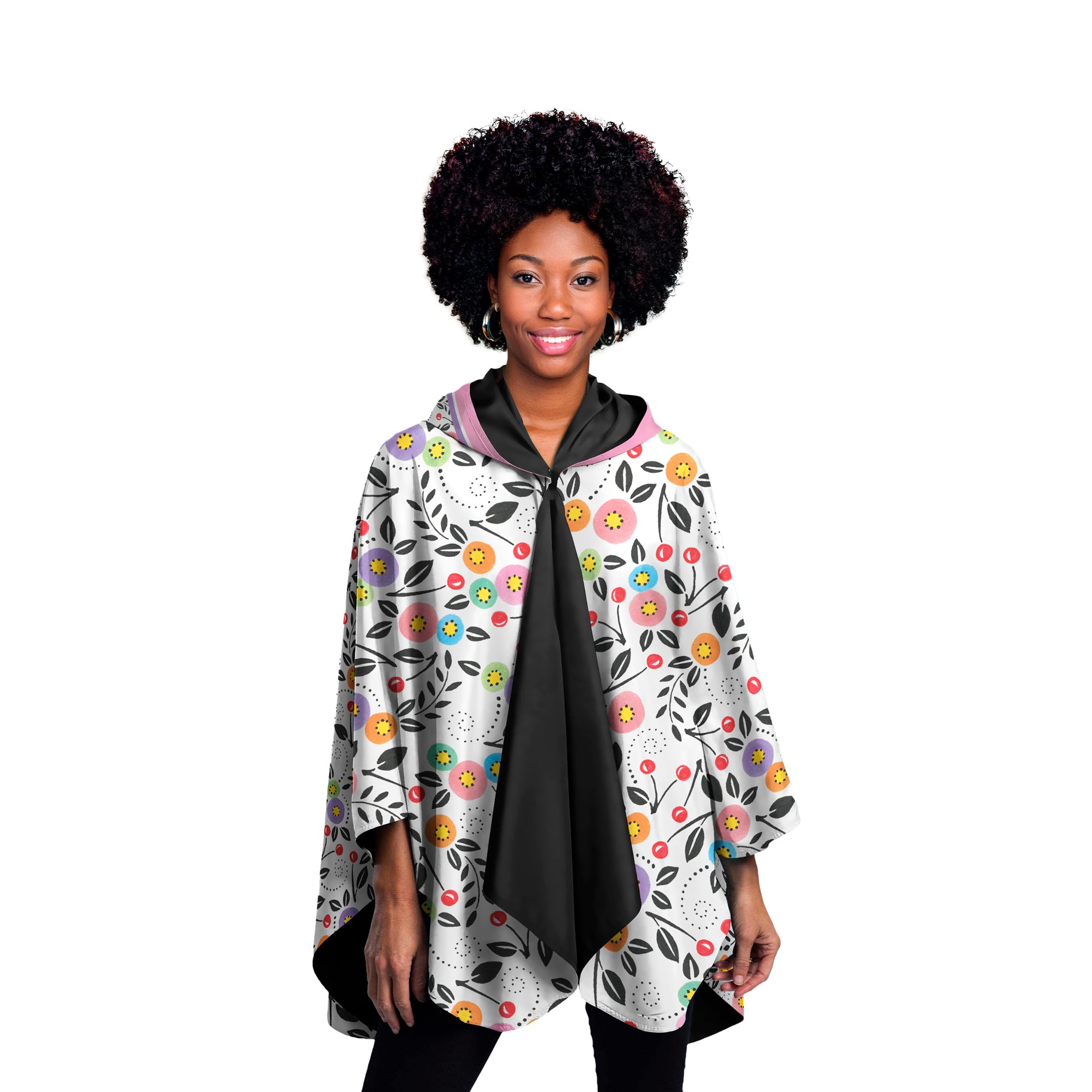 Mary Engelbreit Modern Cherry Toss Reversible Rain Cape - Lightweight Hooded Women's Rain Poncho
