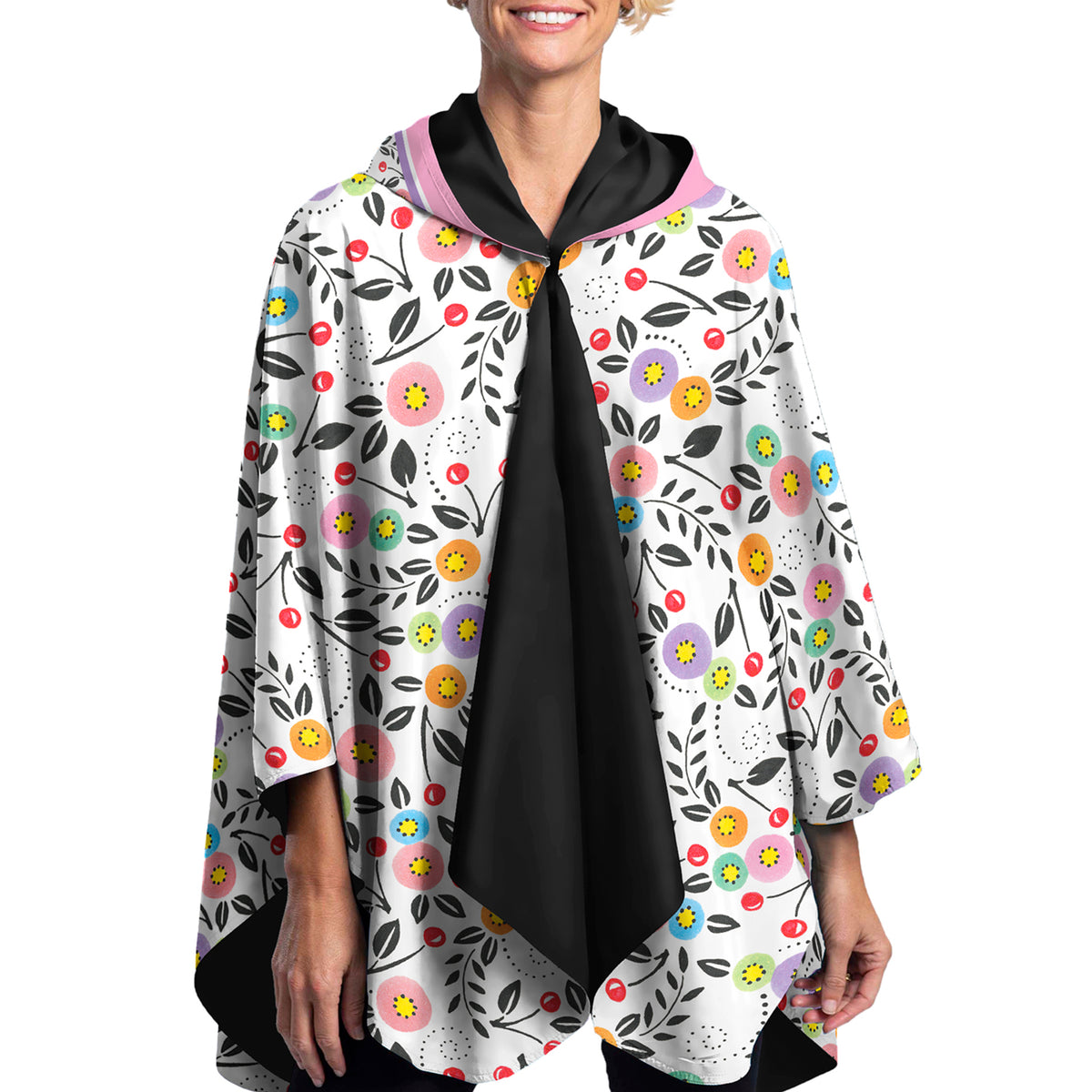 Mary Engelbreit Modern Cherry Toss Reversible Rain Cape - Lightweight Hooded Women's Rain Poncho