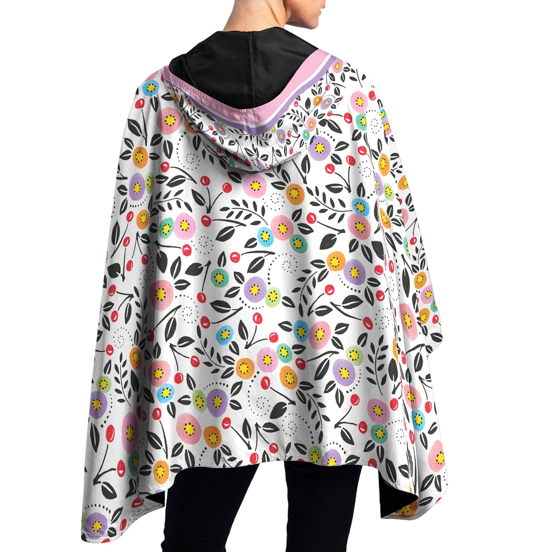 Mary Engelbreit Modern Cherry Toss Reversible Rain Cape - Lightweight Hooded Women's Rain Poncho