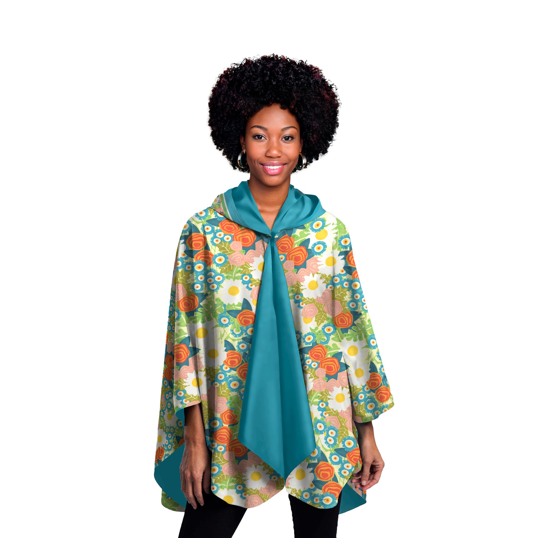 Mary Engelbreit Vintage Calico Reversible Rain Cape - Lightweight Hooded Women's Rain Poncho