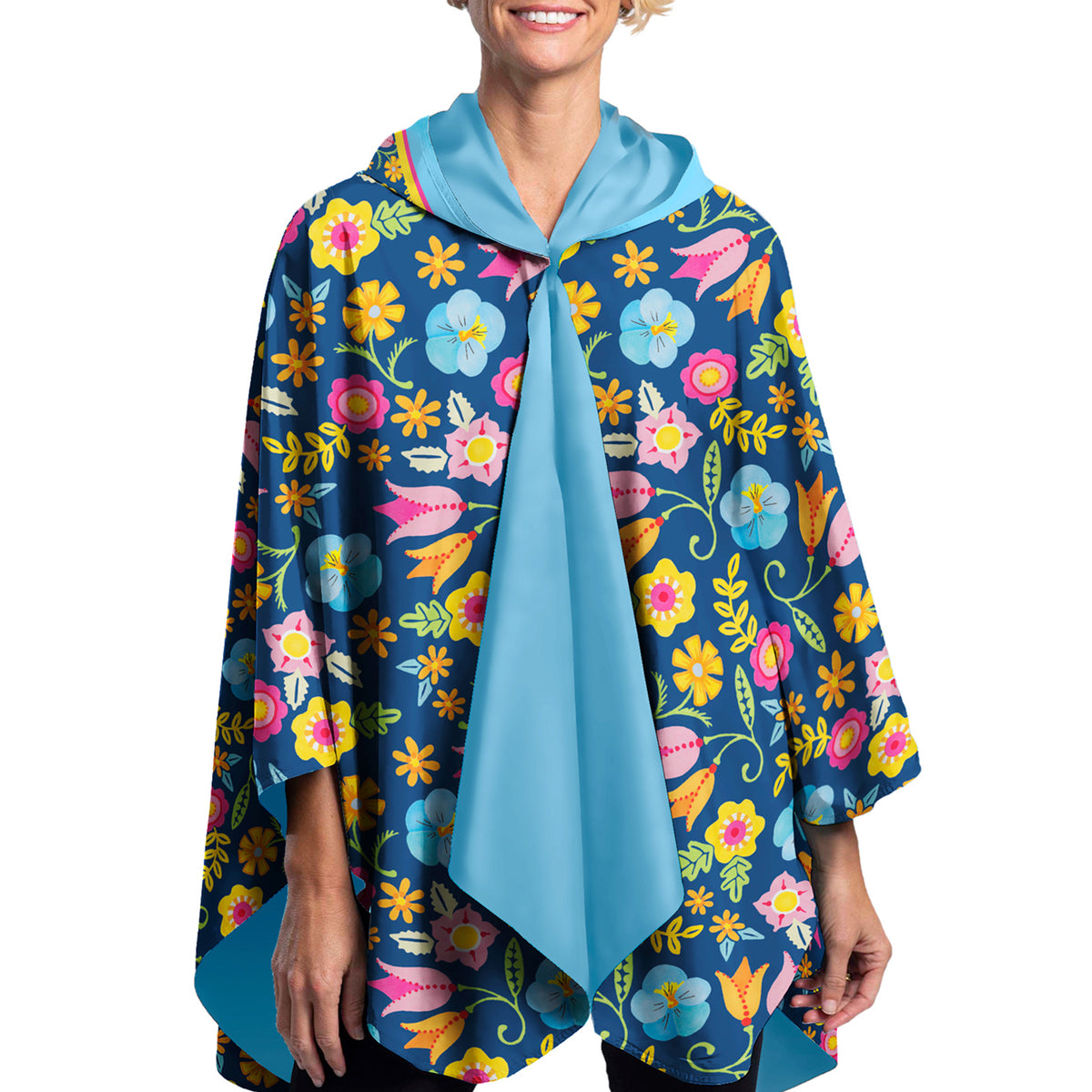 Mary Engelbreit Tropical Flower Toss Reversible Rain Cape - Lightweight Hooded Women's Rain Poncho