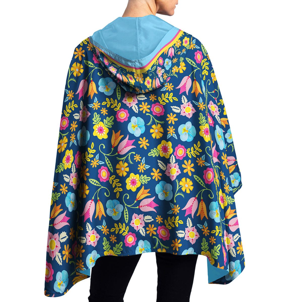 Mary Engelbreit Tropical Flower Toss Reversible Rain Cape - Lightweight Hooded Women's Rain Poncho