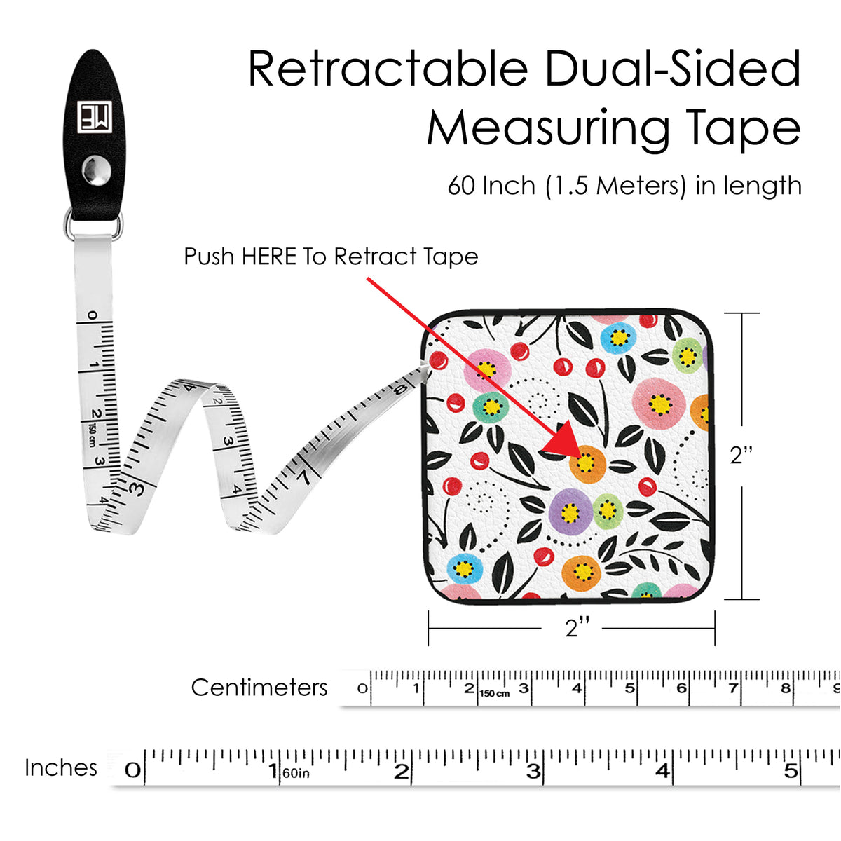 Mary Engelbreit Modern Cherry Toss Compact Retractable Tape Measure - Dual-Sided, 60"/150cm