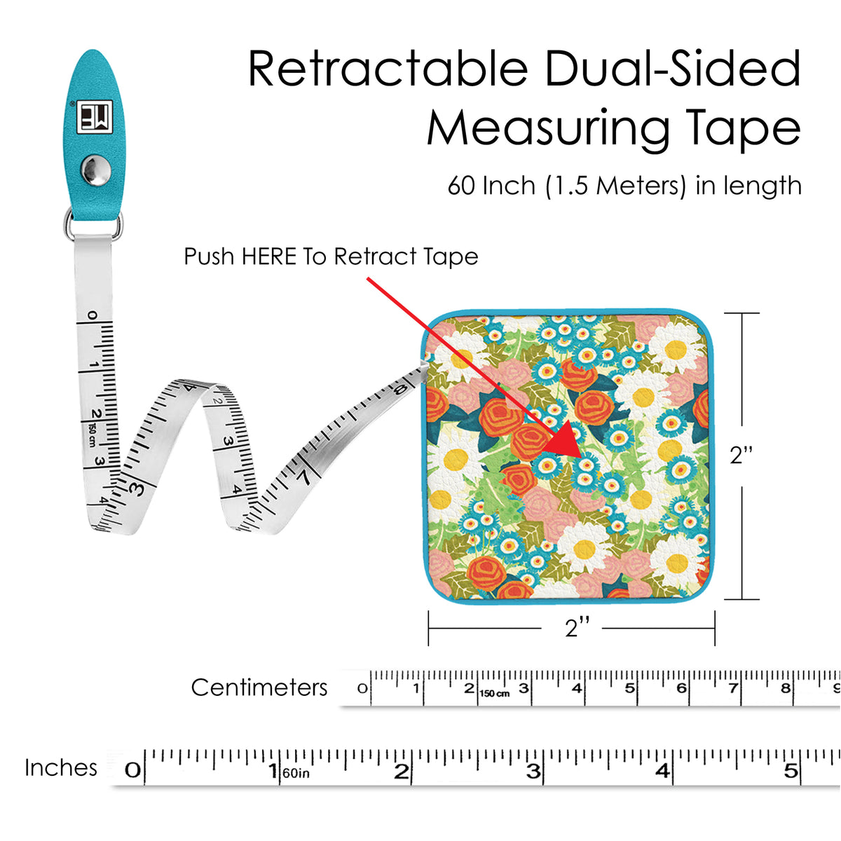 Mary Engelbreit Vintage Calico Compact Retractable Tape Measure - Dual-Sided, 60"/150cm
