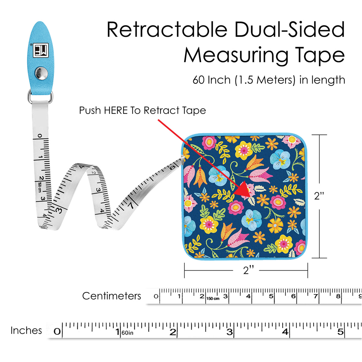 Mary Engelbreit Tropical Flower Toss Compact Retractable Tape Measure - Dual-Sided, 60"/150cm