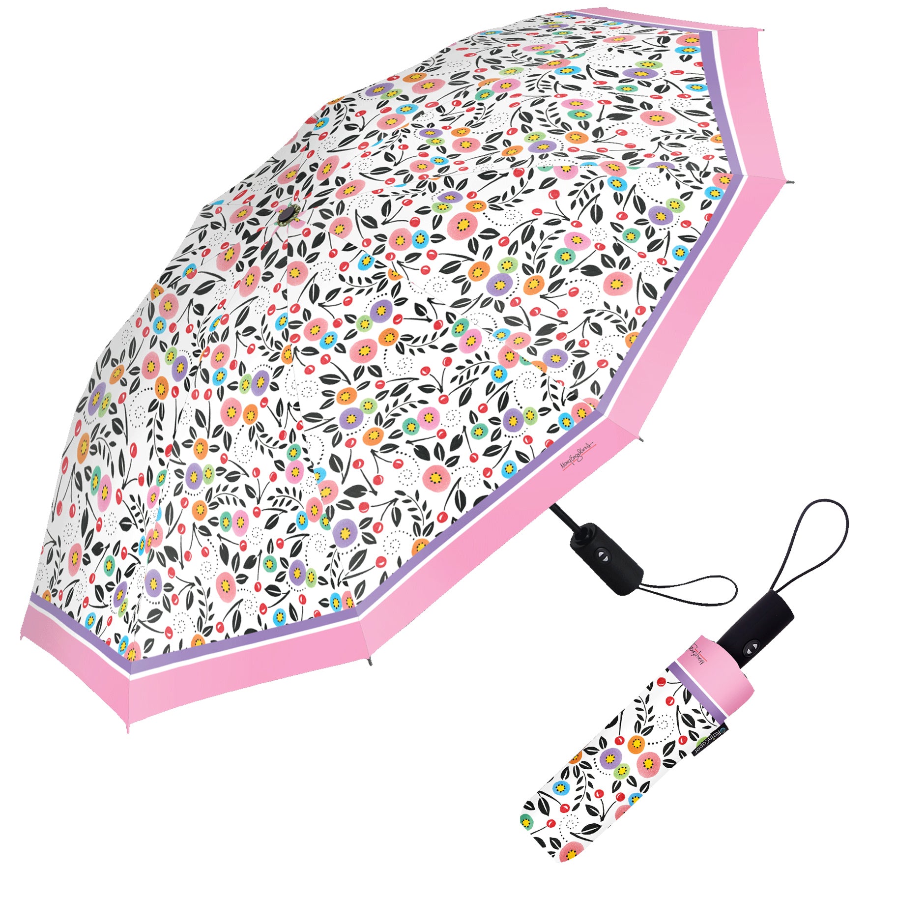 Mary Engelbreit Modern Cherry Toss Folding Travel Umbrella - Compact, One-Touch Open & Close