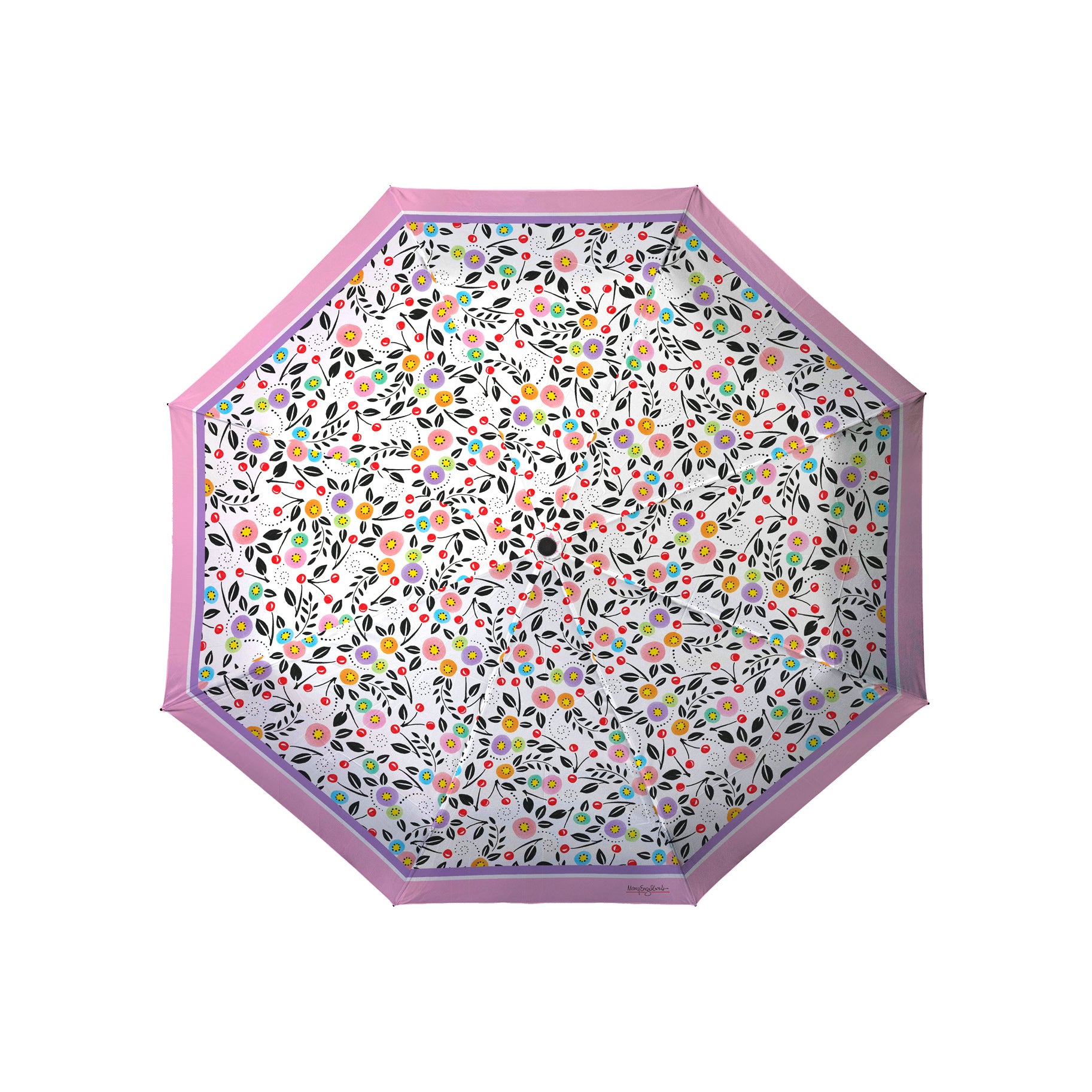 Mary Engelbreit Modern Cherry Toss Folding Travel Umbrella - Compact, One-Touch Open & Close