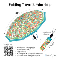 Mary Engelbreit Vintage Calico Folding Travel Umbrella - Compact, One-Touch Open & Close