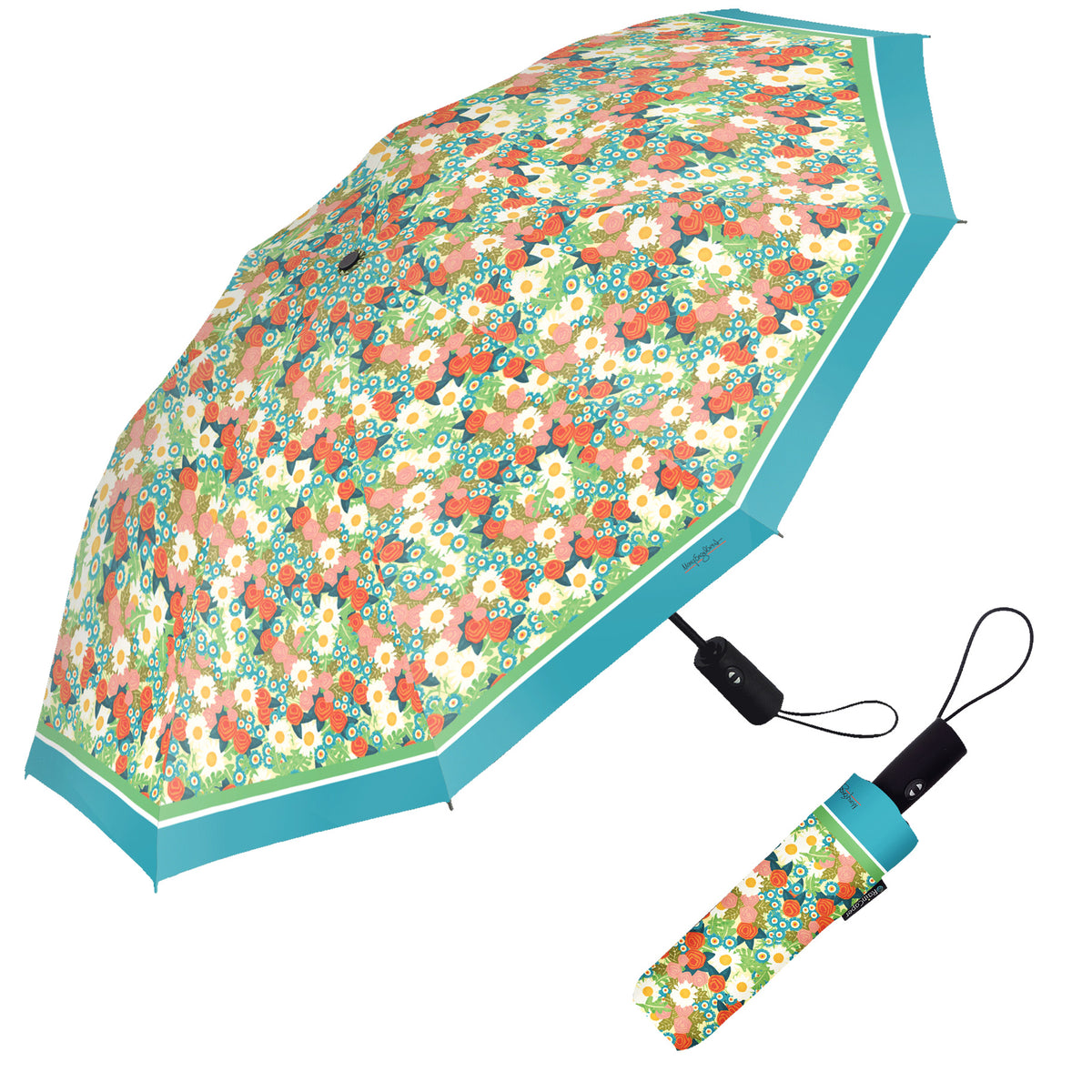 Mary Engelbreit Vintage Calico Folding Travel Umbrella - Compact, One-Touch Open & Close