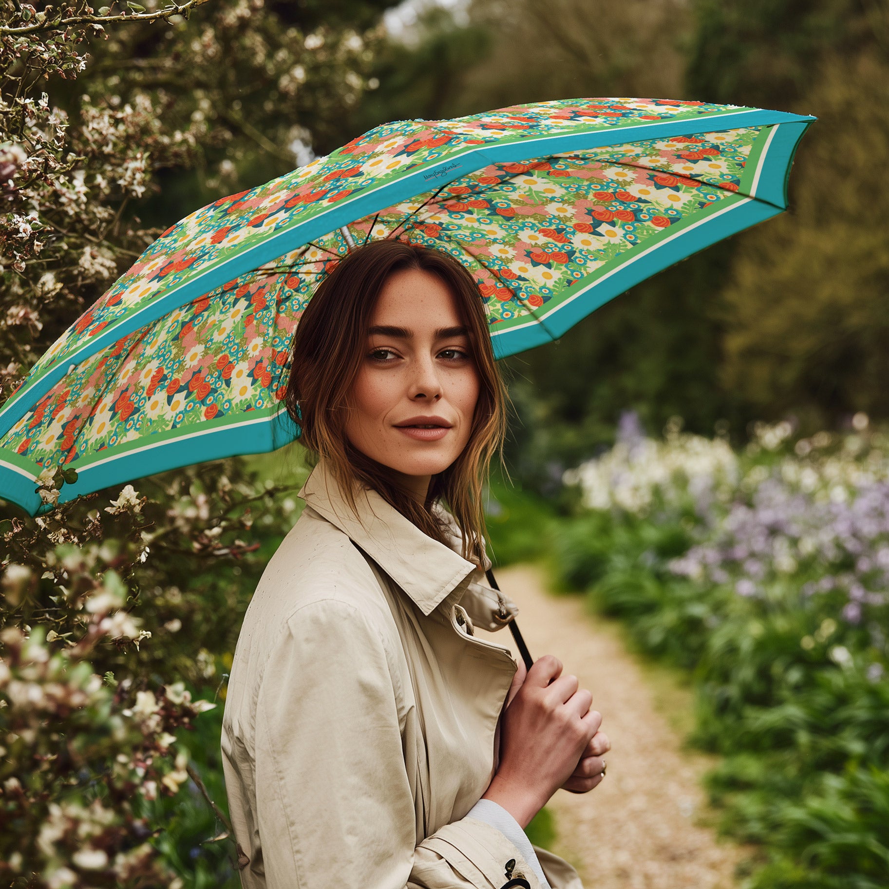 Mary Engelbreit Vintage Calico Folding Travel Umbrella - Compact, One-Touch Open & Close