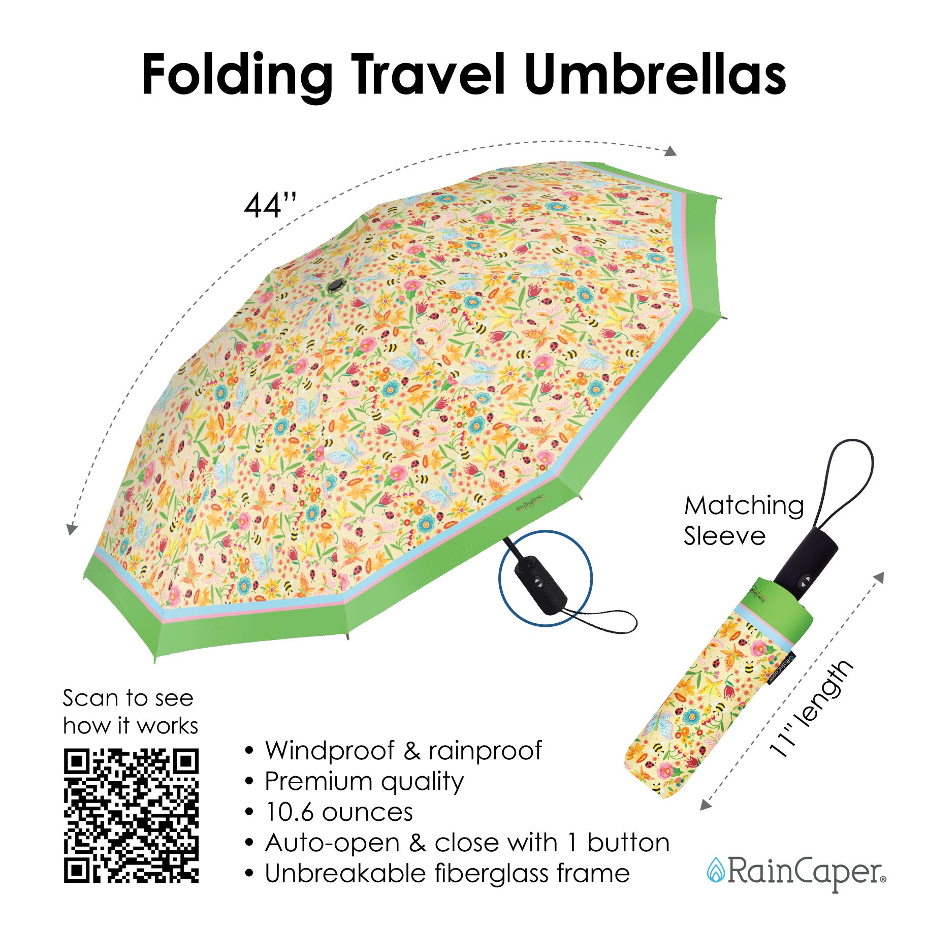 Mary Engelbreit Simple Spring Toss Folding Travel Umbrella - Compact, One-Touch Open & Close