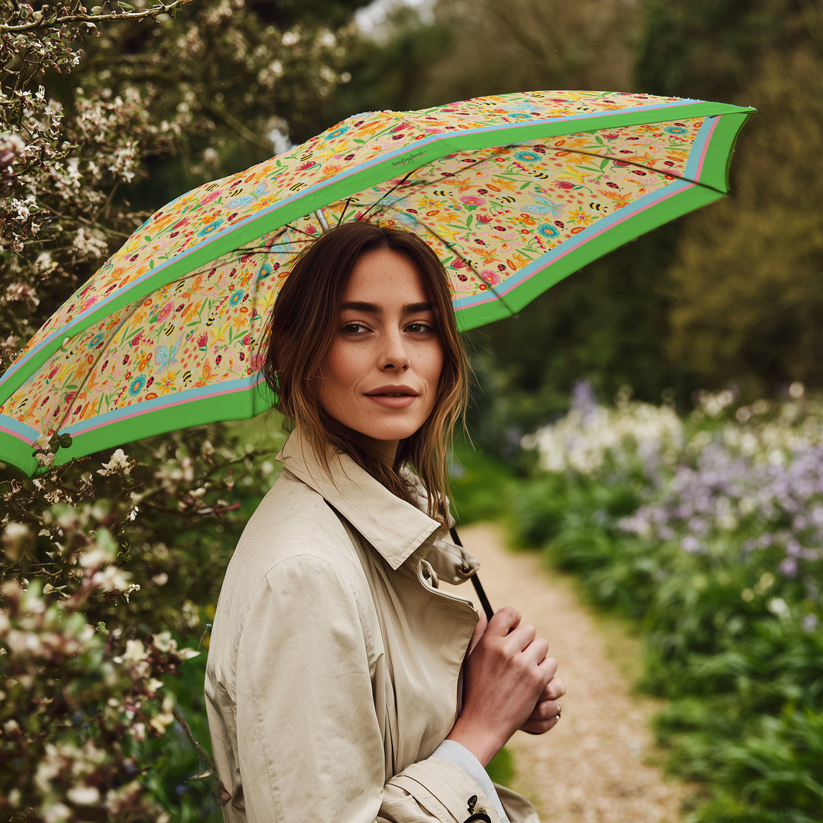 Mary Engelbreit Simple Spring Toss Folding Travel Umbrella - Compact, One-Touch Open & Close