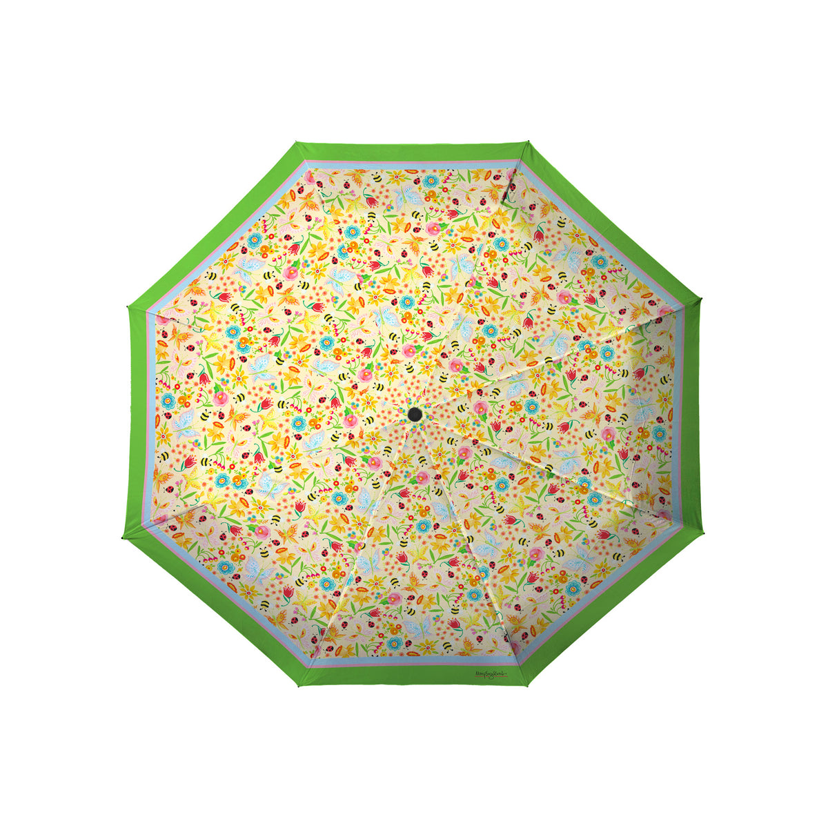 Mary Engelbreit Simple Spring Toss Folding Travel Umbrella - Compact, One-Touch Open & Close