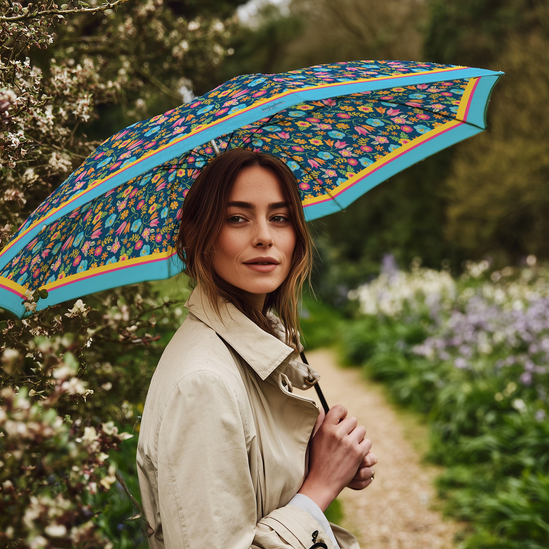 Mary Engelbreit Tropical Flower Toss Folding Travel Umbrella - Compact, One-Touch Open & Close
