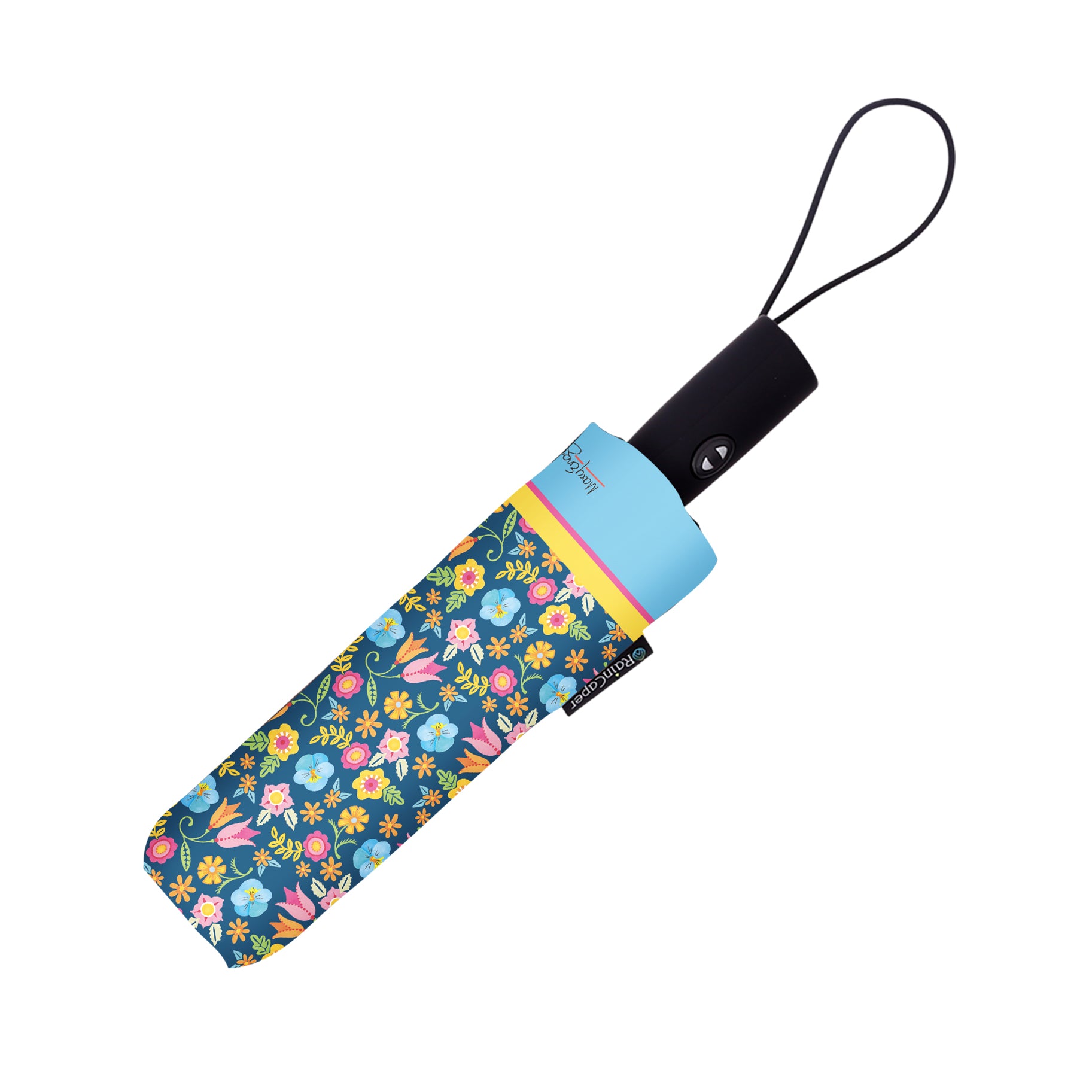 Mary Engelbreit Tropical Flower Toss Folding Travel Umbrella - Compact, One-Touch Open & Close