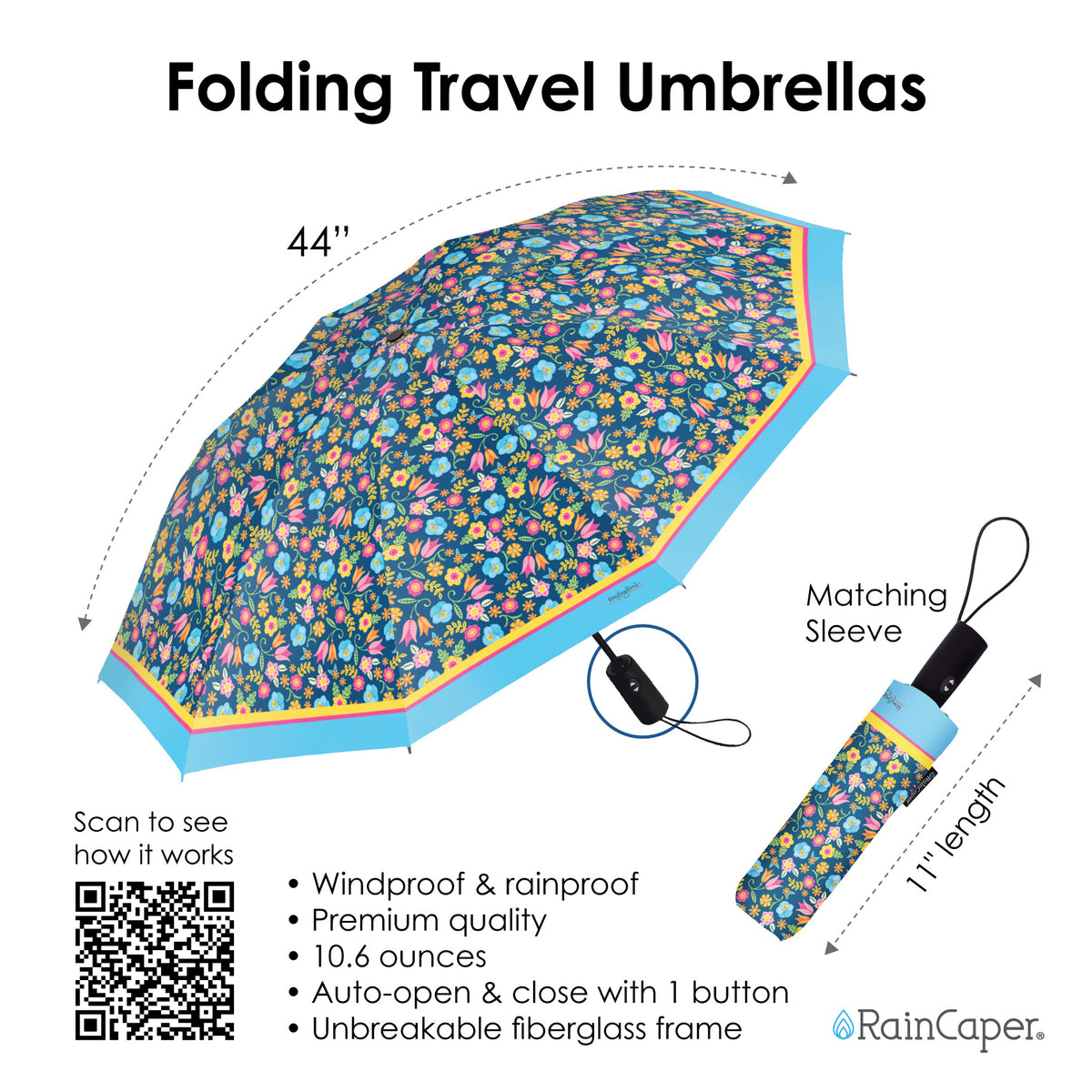 Mary Engelbreit Tropical Flower Toss Folding Travel Umbrella - Compact, One-Touch Open & Close