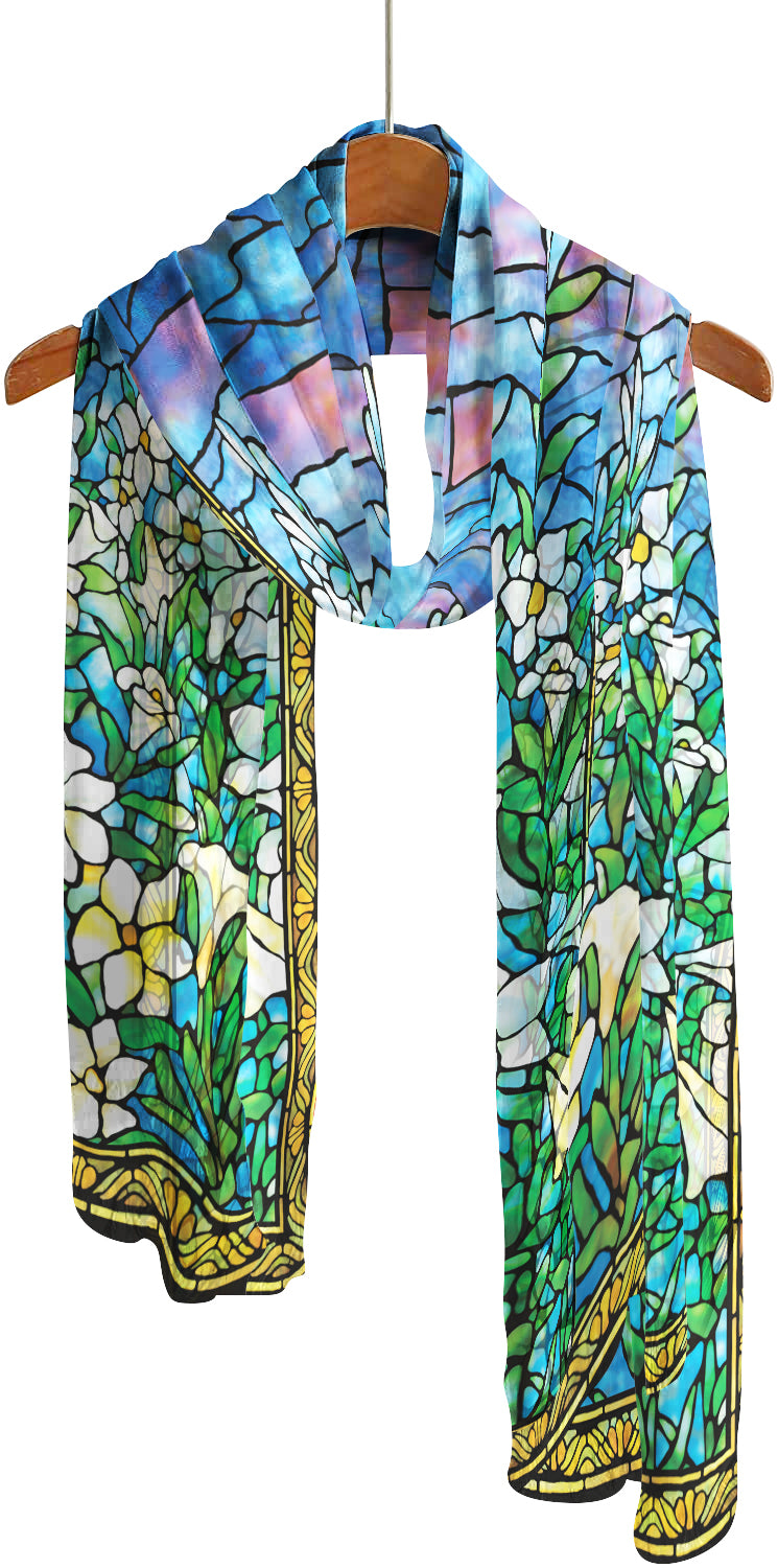 Tiffany Field of Lilies Silky-soft Polyester Sheer Long Scarf Feels like Silk