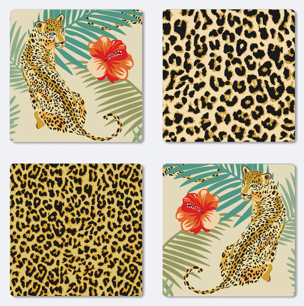 Leopards and Hibiscus Ceramic Coaster Set