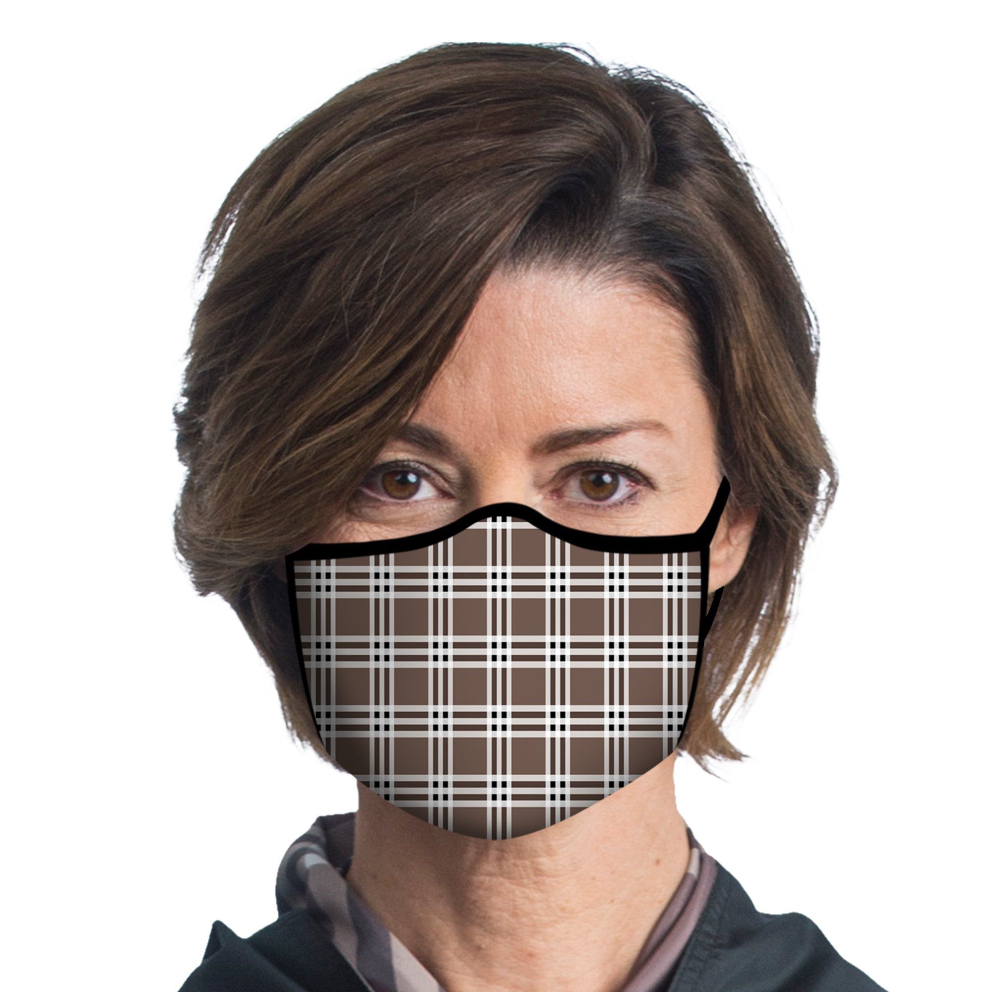 Woman wearing a Coco Plaid Reusable Fabric Face Mask.