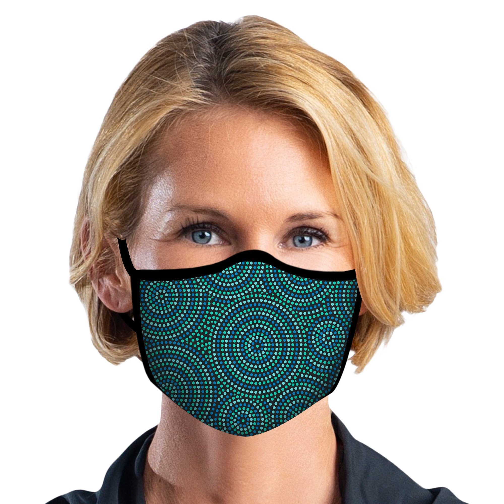 Woman wearing a RainCaper Circle Dots Reusable Fabric Face Mask