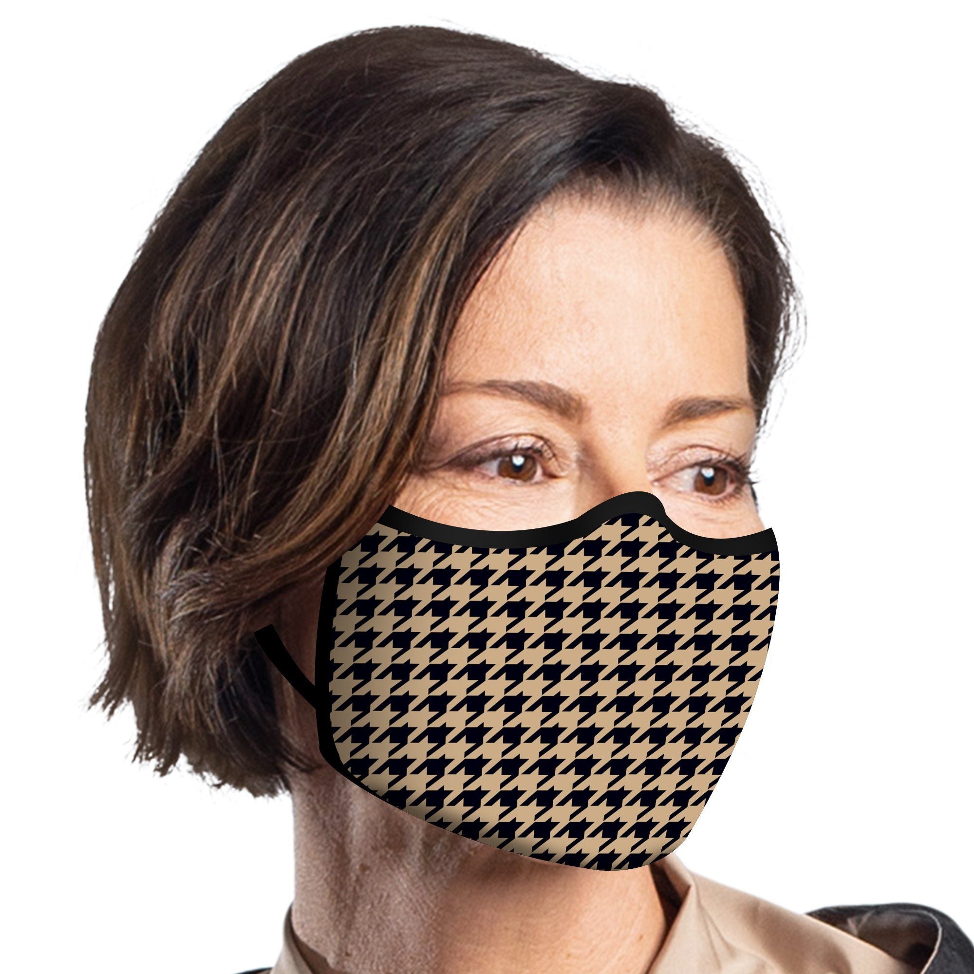 Woman wearing a RainCaper Camel Houndstooth Reusable Fabric Face Mask.