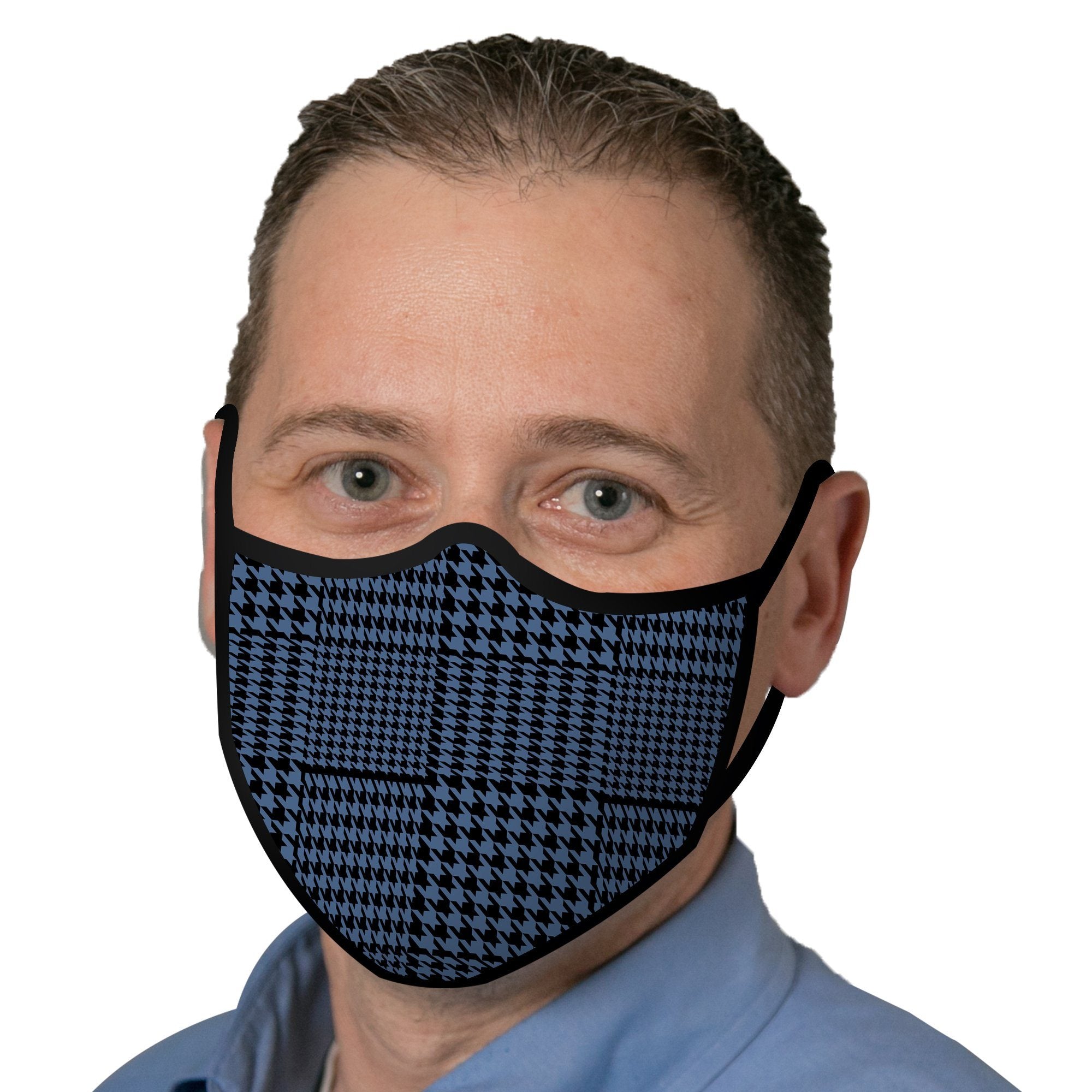 Man wearing a Blue Glen Plaid Reusable Fabric Face Mask.