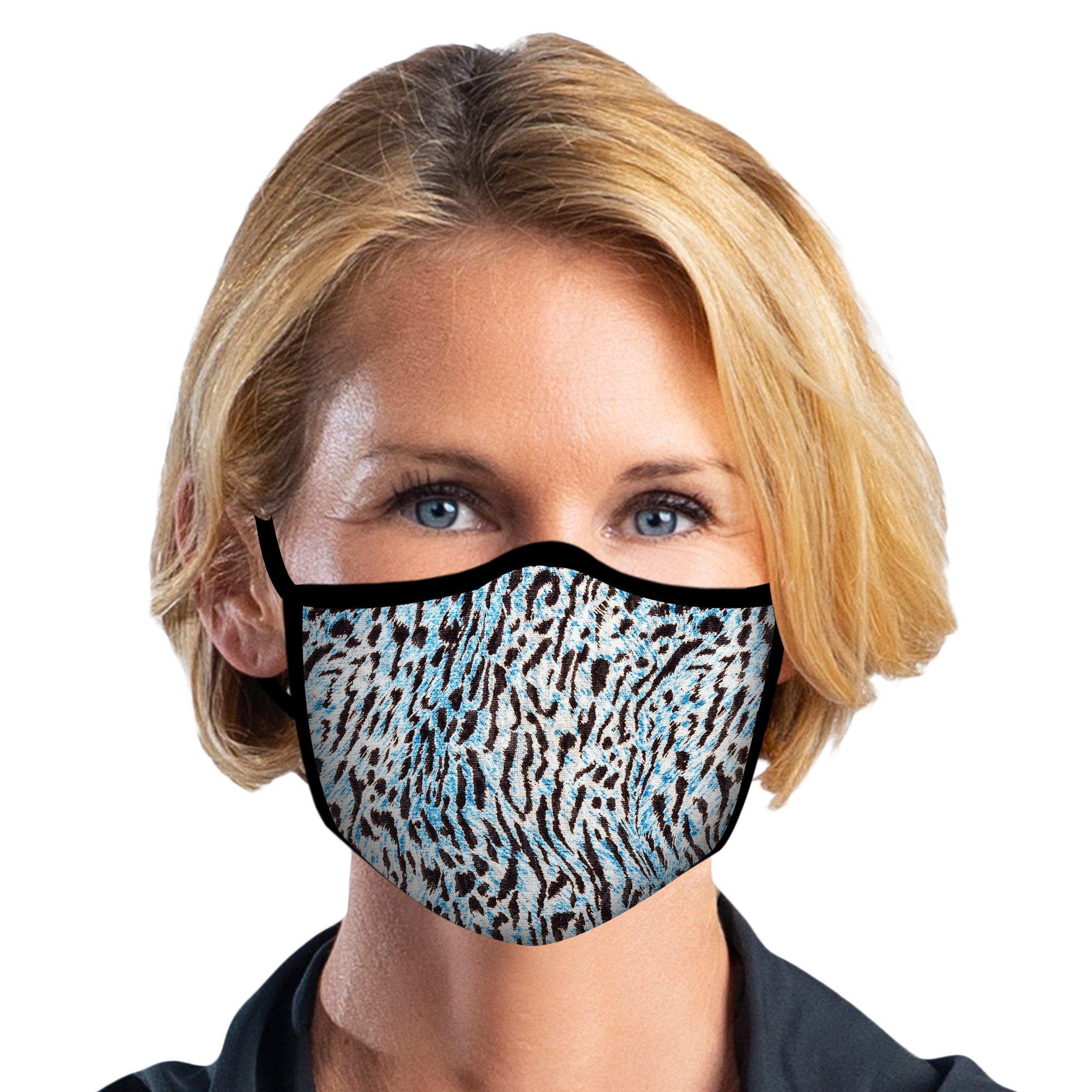 Woman wearing a Blue Animal Print Reusable Fabric Face Mask