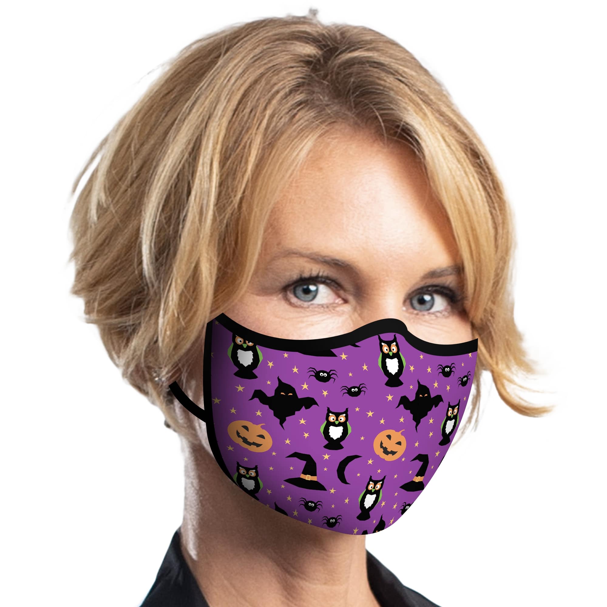 Woman wearing a RainCaper Purple Halloween Reusable Fabric Face Mask.