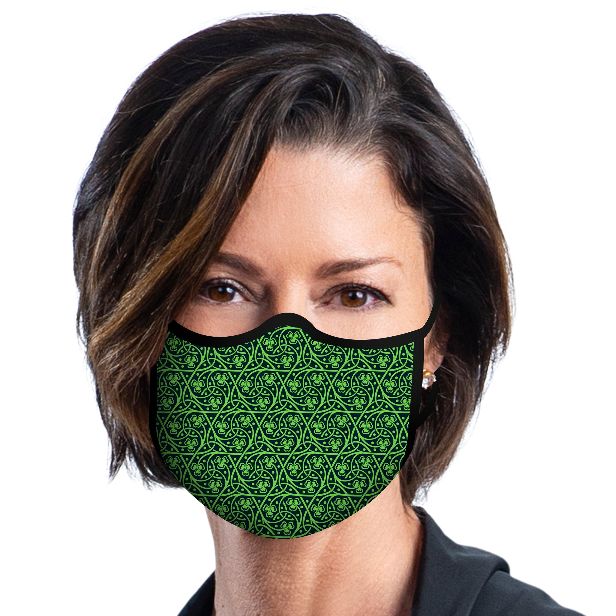 Woman wearing a Celtic Reusable Fabric Face Mask.
