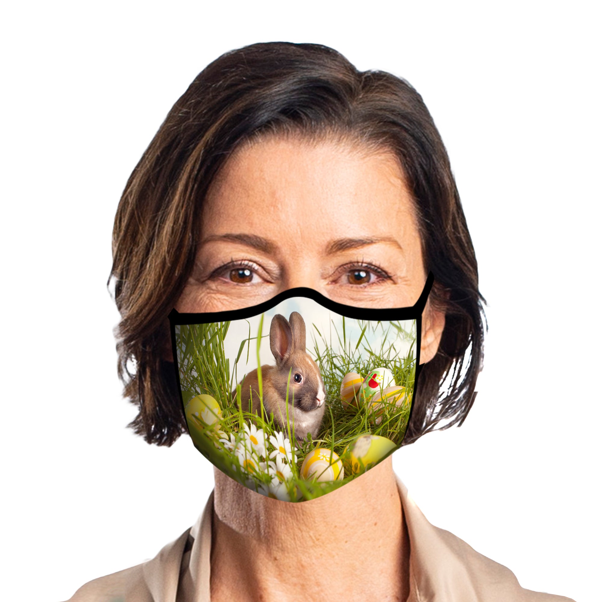 Woman wearing a Bunny & Eggs Reusable Fabric Face Mask.