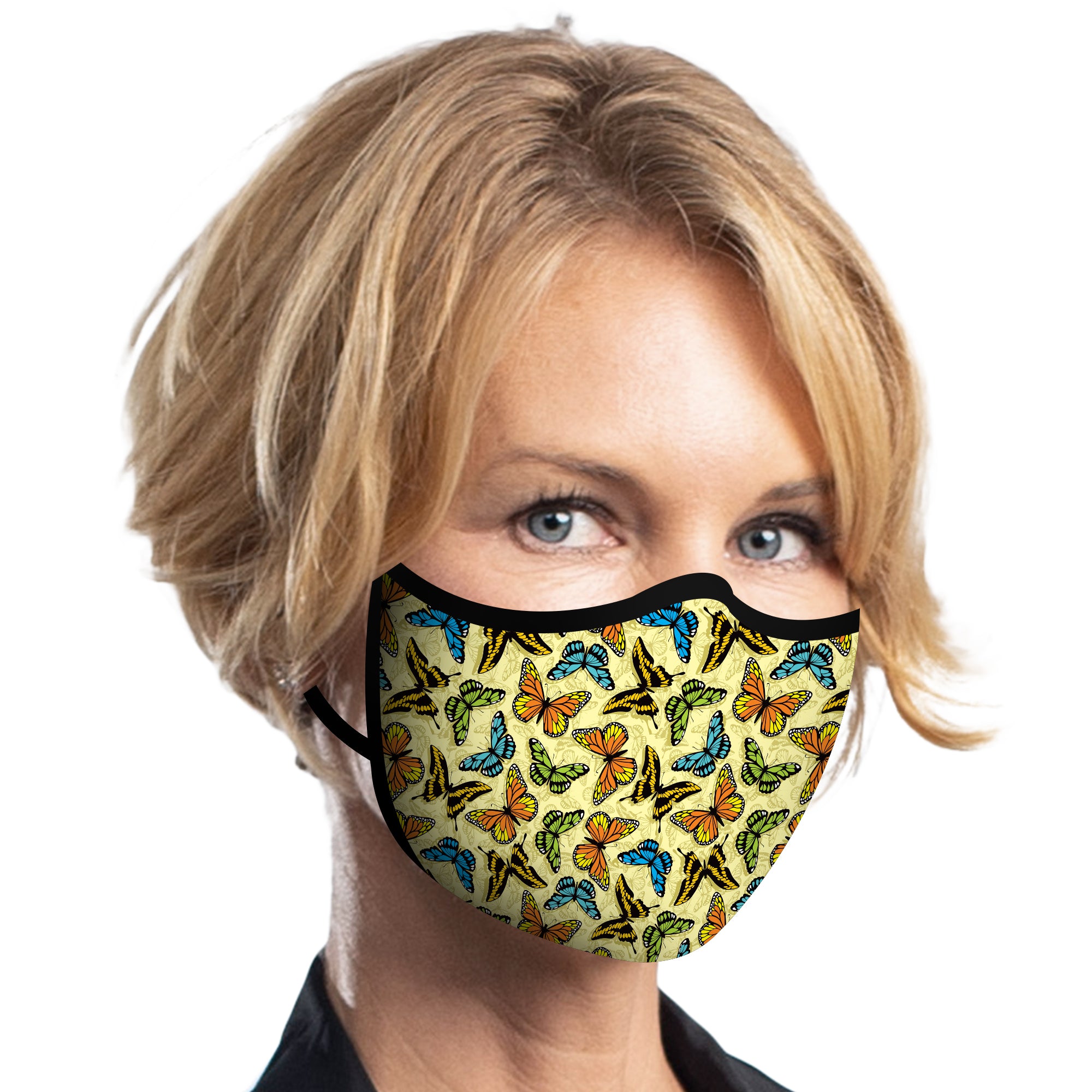 Woman wearing a Butterflies Reusable Fabric Face Mask.
