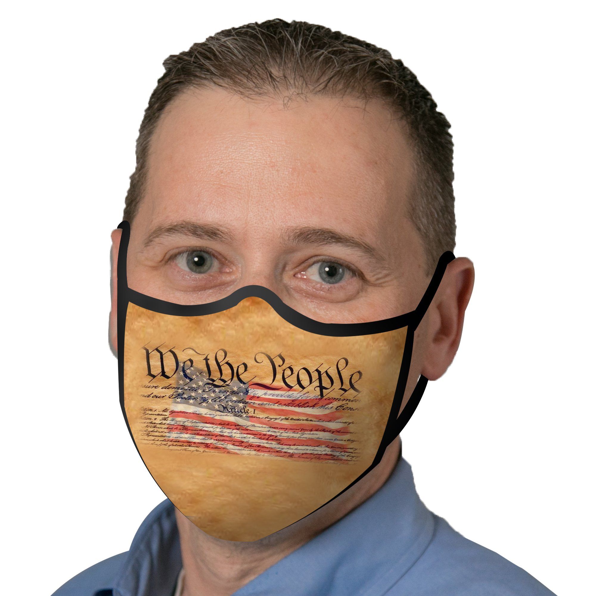 Man wearing a RainCaper We the People Reusable Fabric Face Mask.