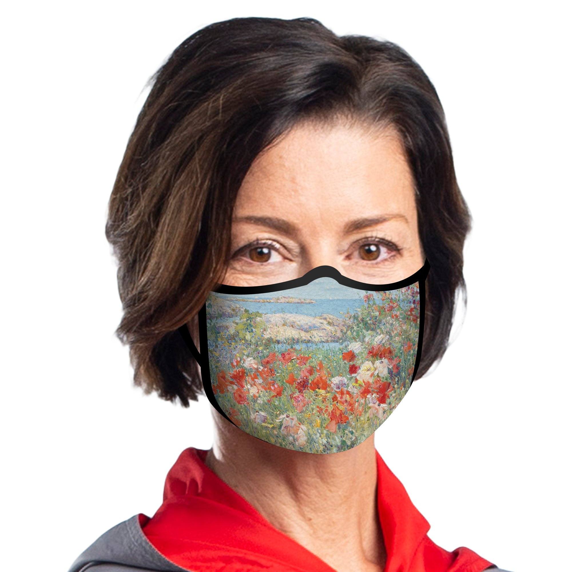 Woman wearing a RainCaper Hassam Celia’s Garden/Isles of Shoals Reusable Fabric Face Mask.