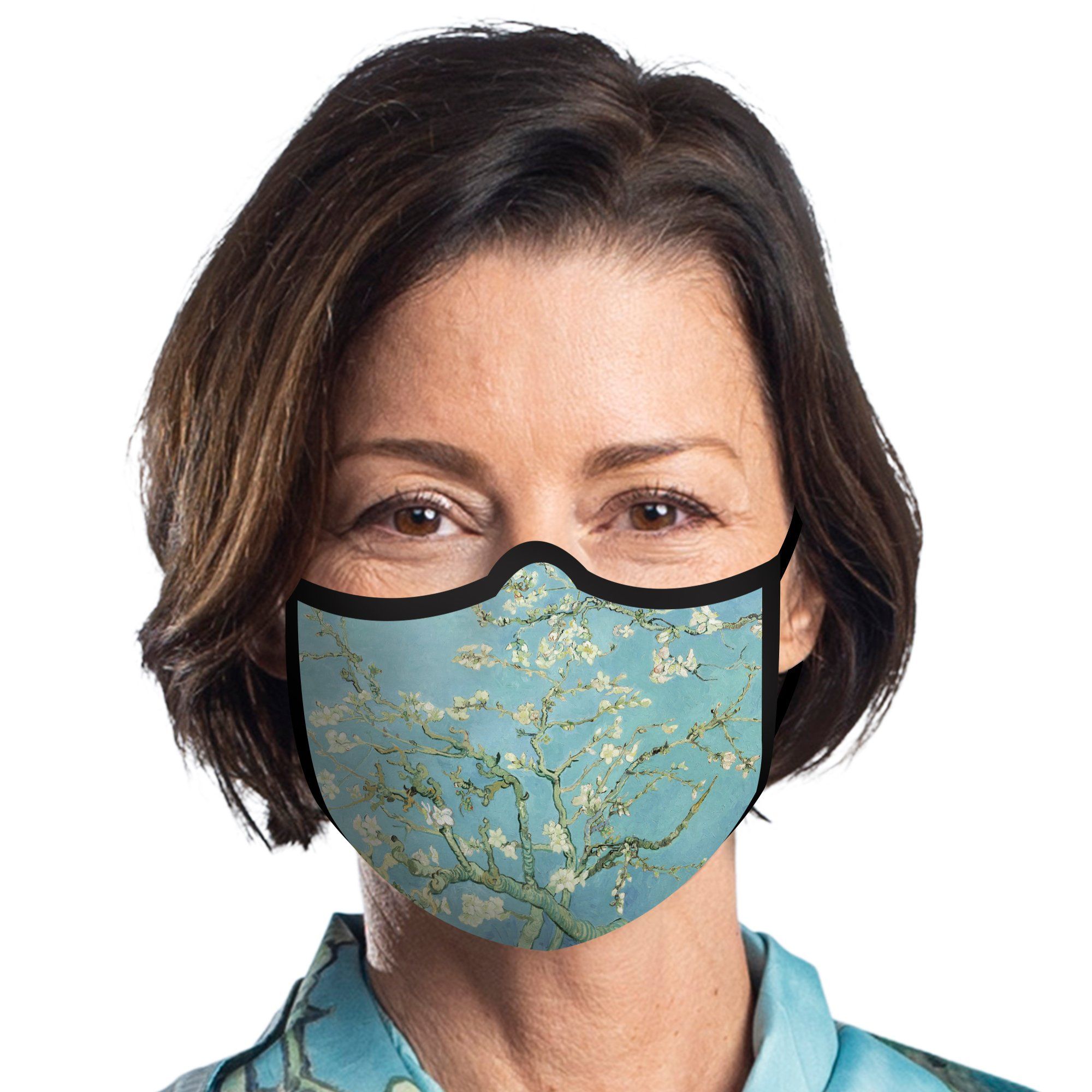 Woman wearing a RainCaper van Gogh Almond Blossom Reusable Fabric Face Mask.