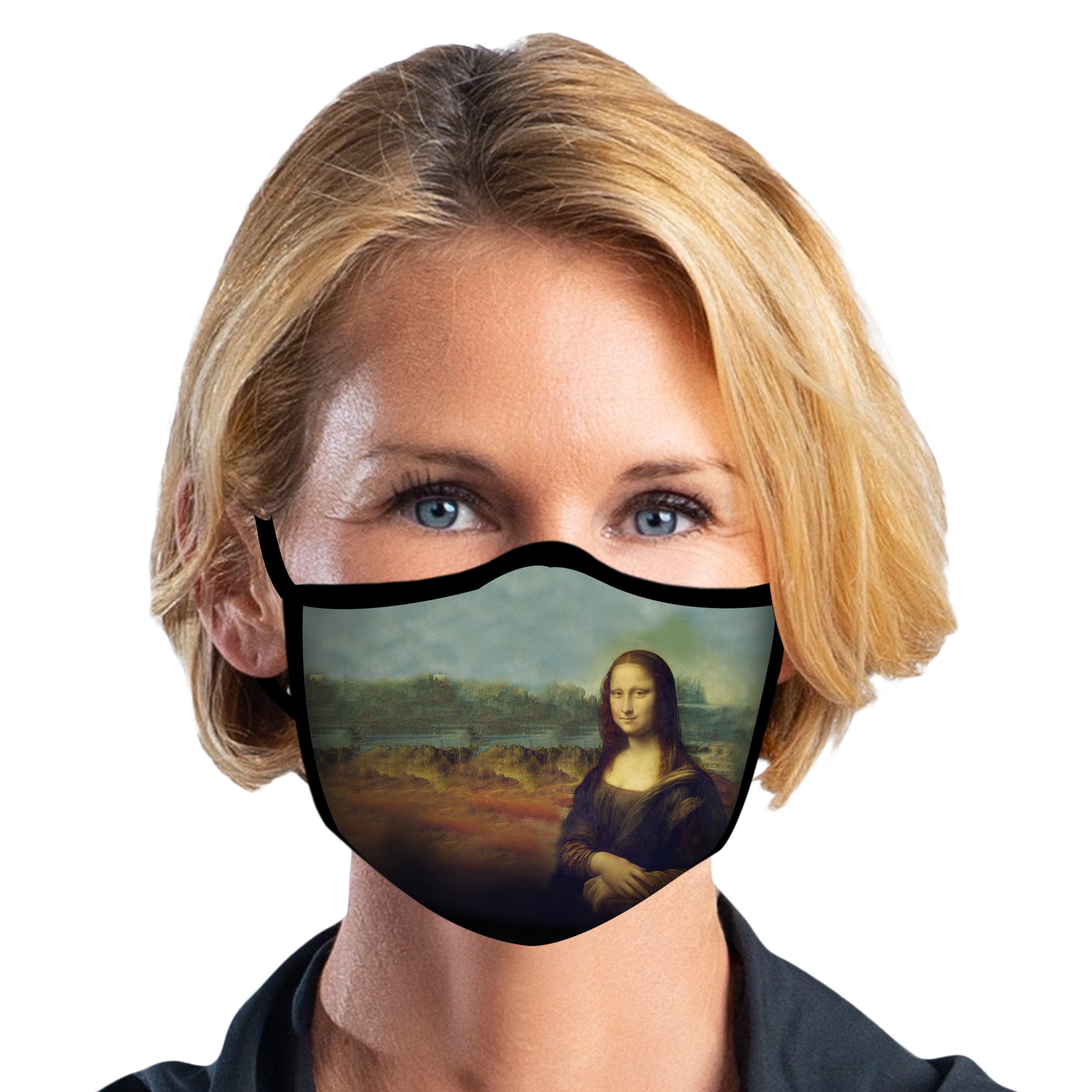 Woman wearing a RainCaper Da Vinci Mona Lisa Reusable Fabric Face Mask.