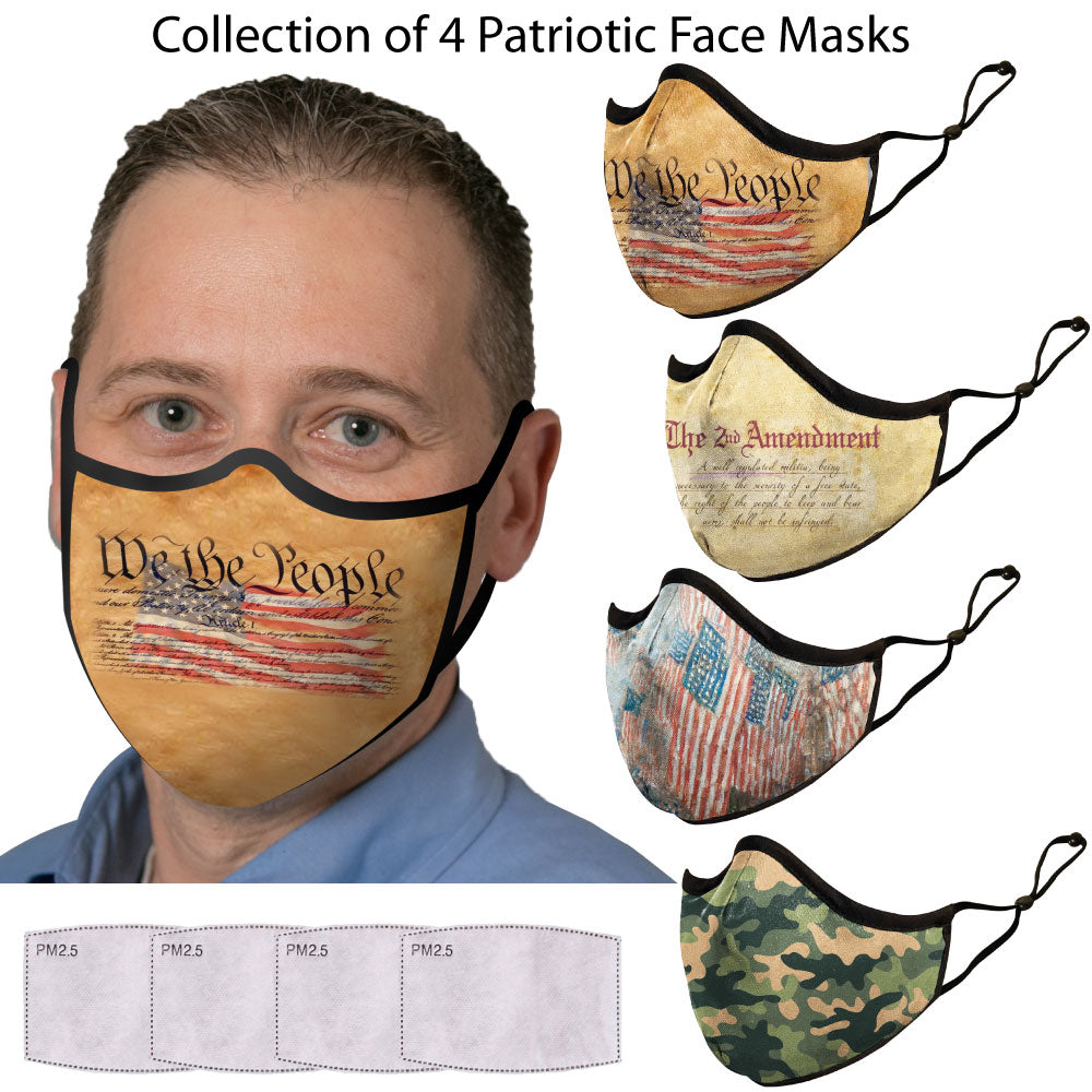 Patriotic Face Mask Set: We the People, 2nd Amendment, Avenue in the Rain & Camo