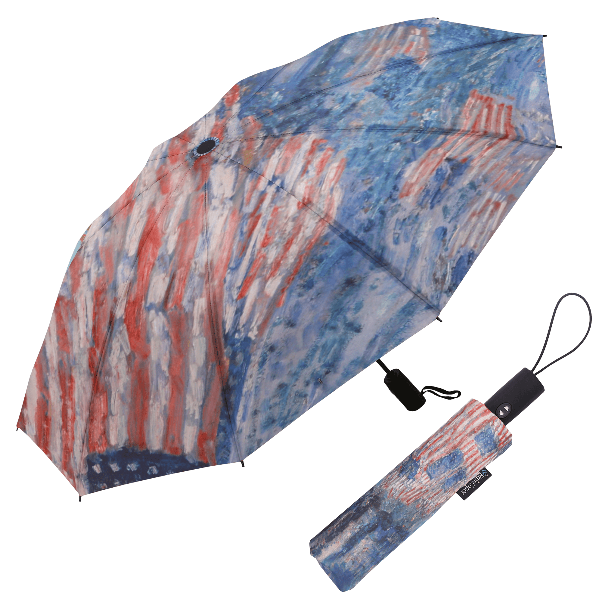 Image of a RainCaper Hassam Avenue in the Rain folded traveling umbrella shown both open and closed